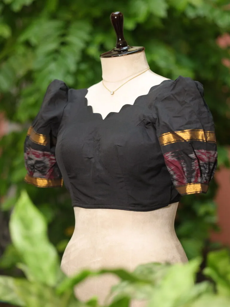 Pochampally Bow Backless – Blouse in Black, side view | Tilattama