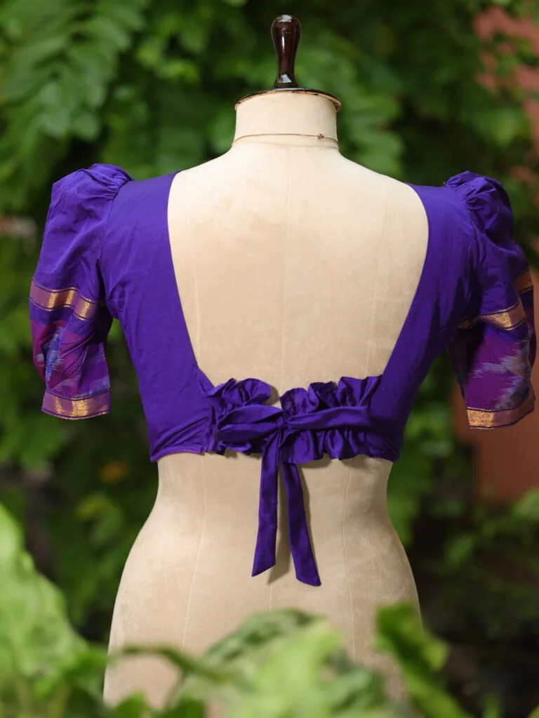 Pochampally Bow Backless – Blouse in brinjal, back view | Tilattama