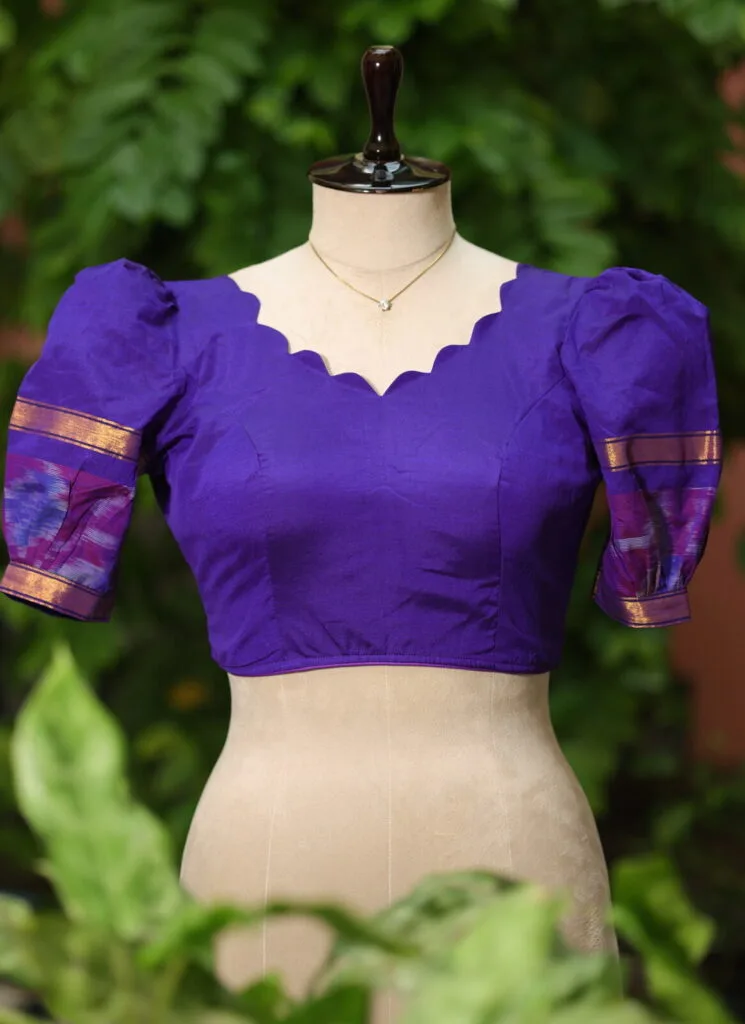 Pochampally Bow Backless – Blouse in brinjal, front view | Tilattama