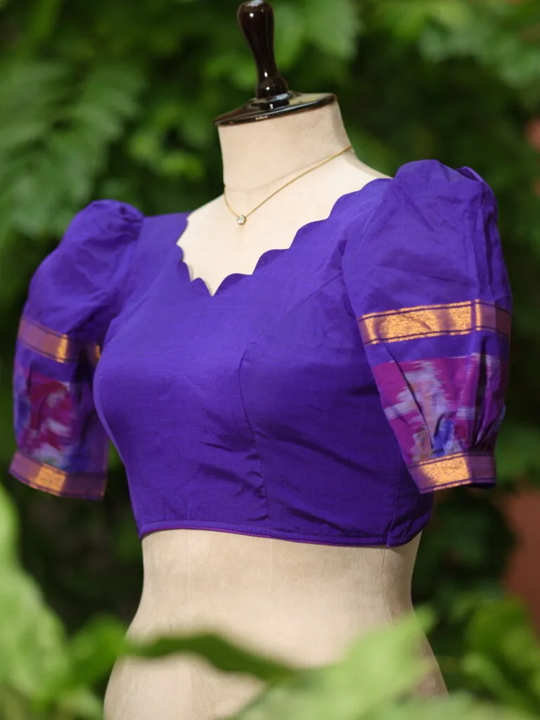 Pochampally Bow Backless – Blouse in brinjal, side view | Tilattama