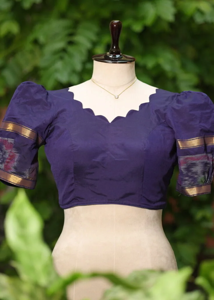 Pochampally Bow Backless – Blouse in Mid Night Blue, front view | Tilattama