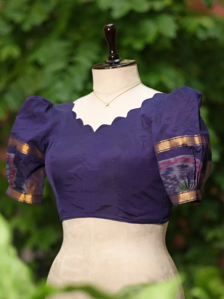 Pochampally Bow Backless – Blouse in Mid Night Blue, side view | Tilattama