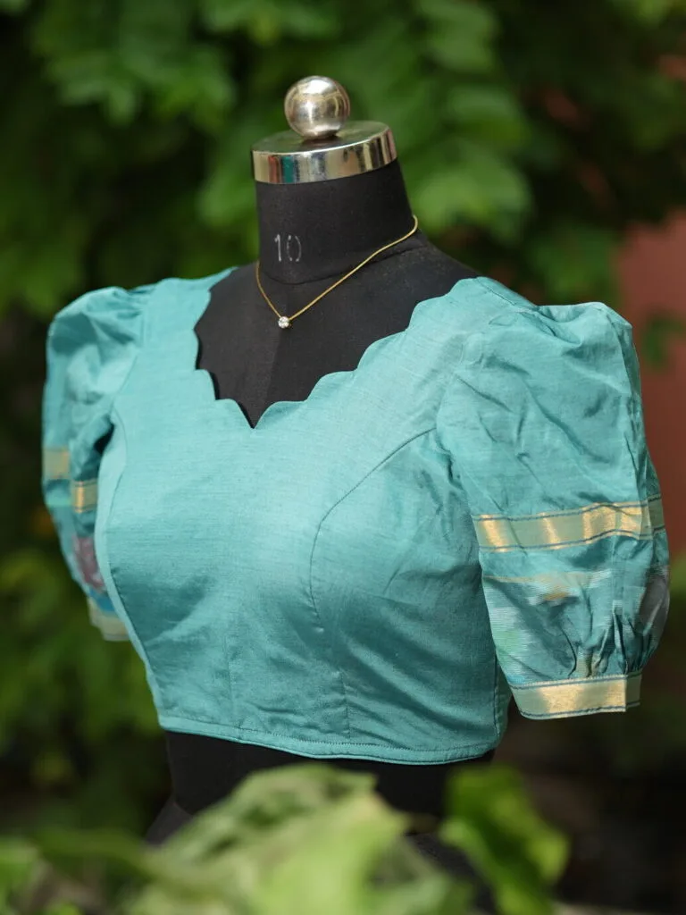 Pochampally Bow Backless – Blouse in Sea green, side view | Tilattama