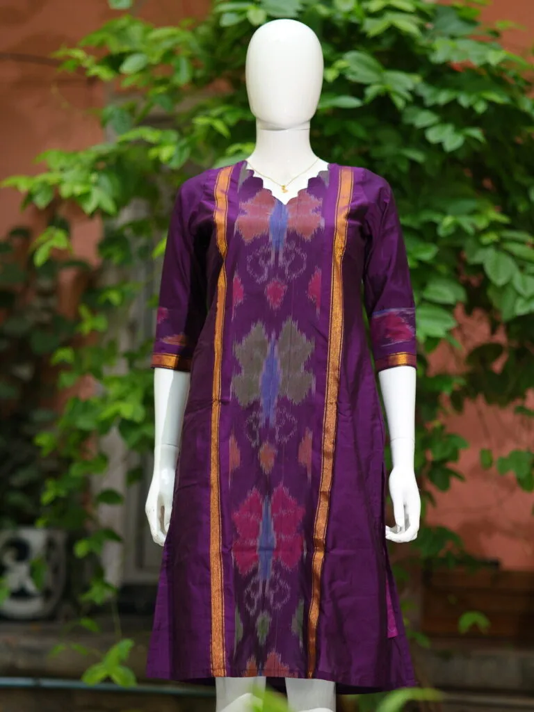 Pochampally Kurti – Kurti in Wine, front view | Tilattama