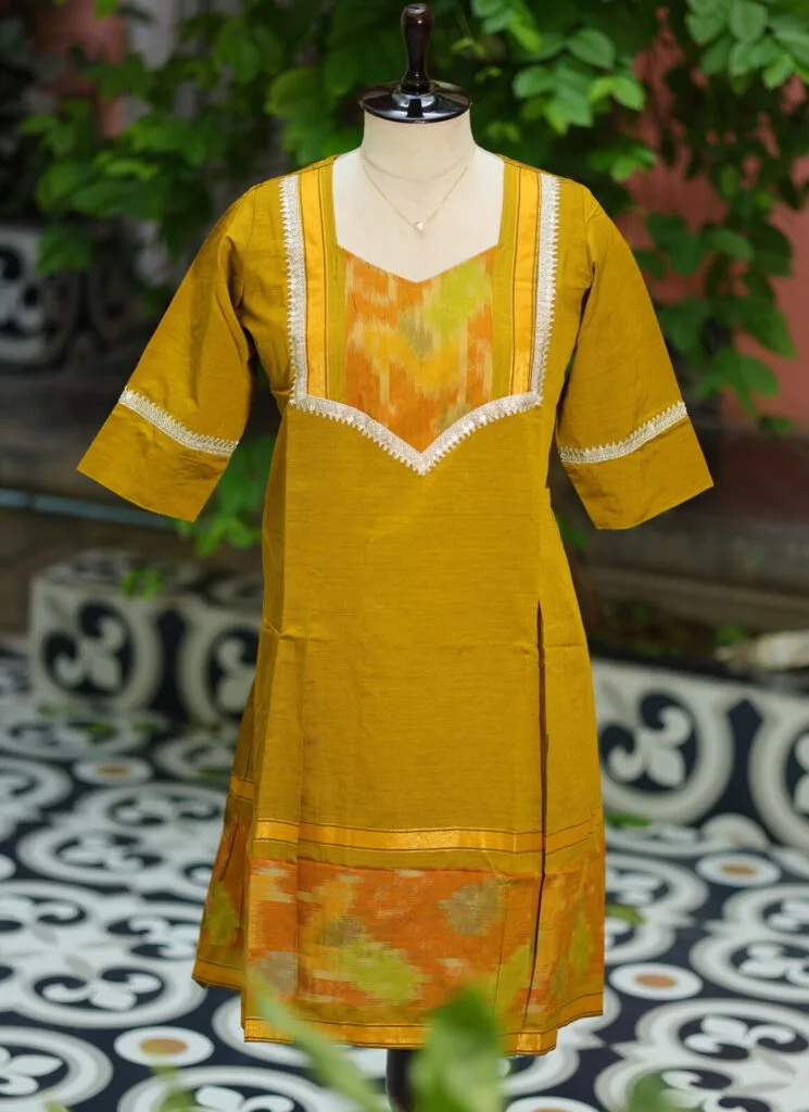 Pochampally One Piece – Kurti in Neon Pista, front view | Tilattama