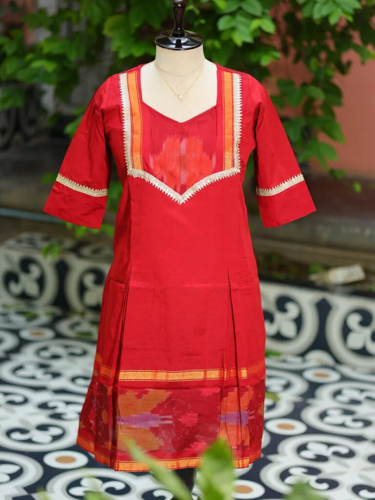 Pochampally One Piece – Kurti in Red, front view | Tilattama
