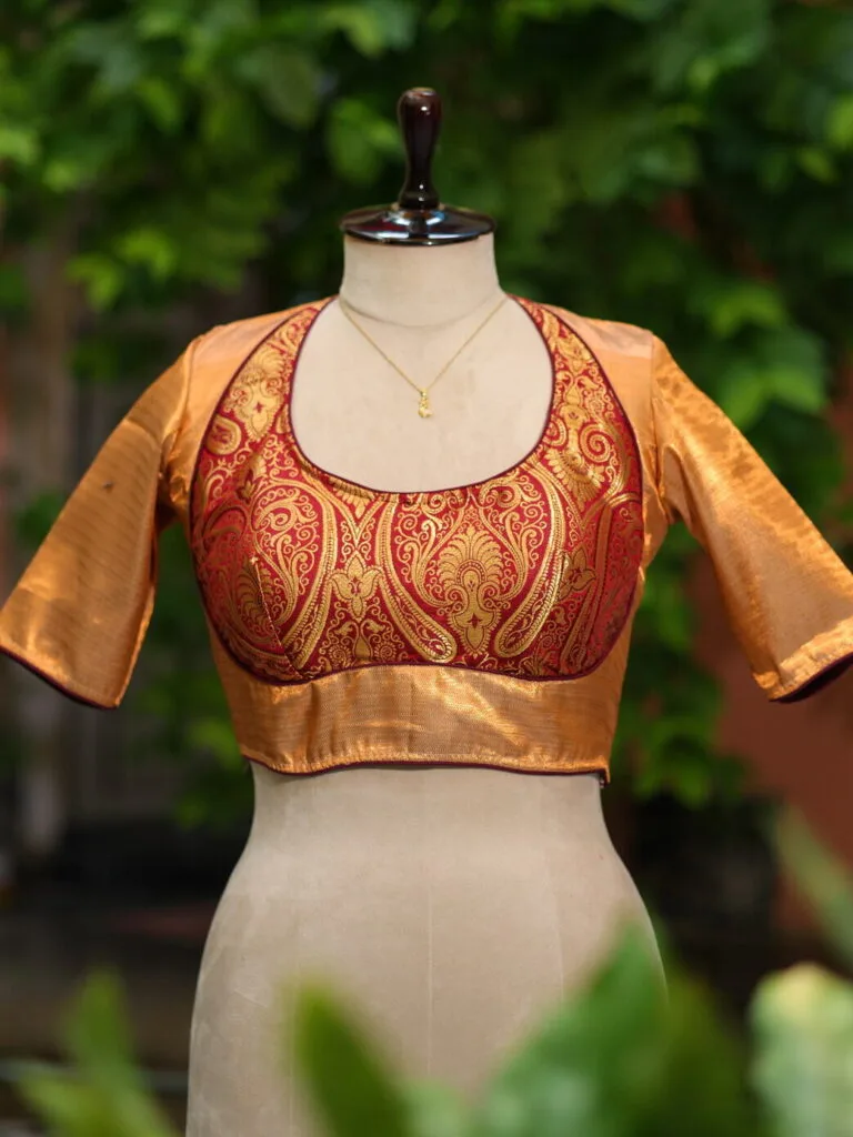 Raga Katan Mumtaz – Blouse in Metallic Maroon, front view | Tilattama