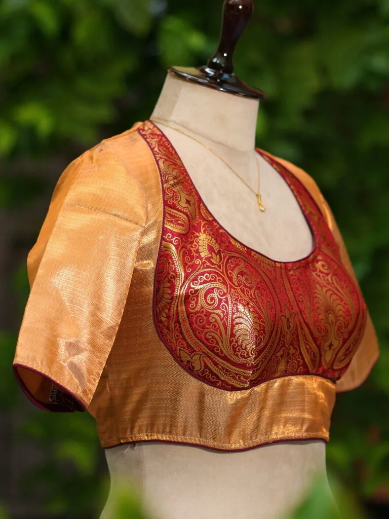 Raga Katan Mumtaz – Blouse in Metallic Maroon, side view | Tilattama