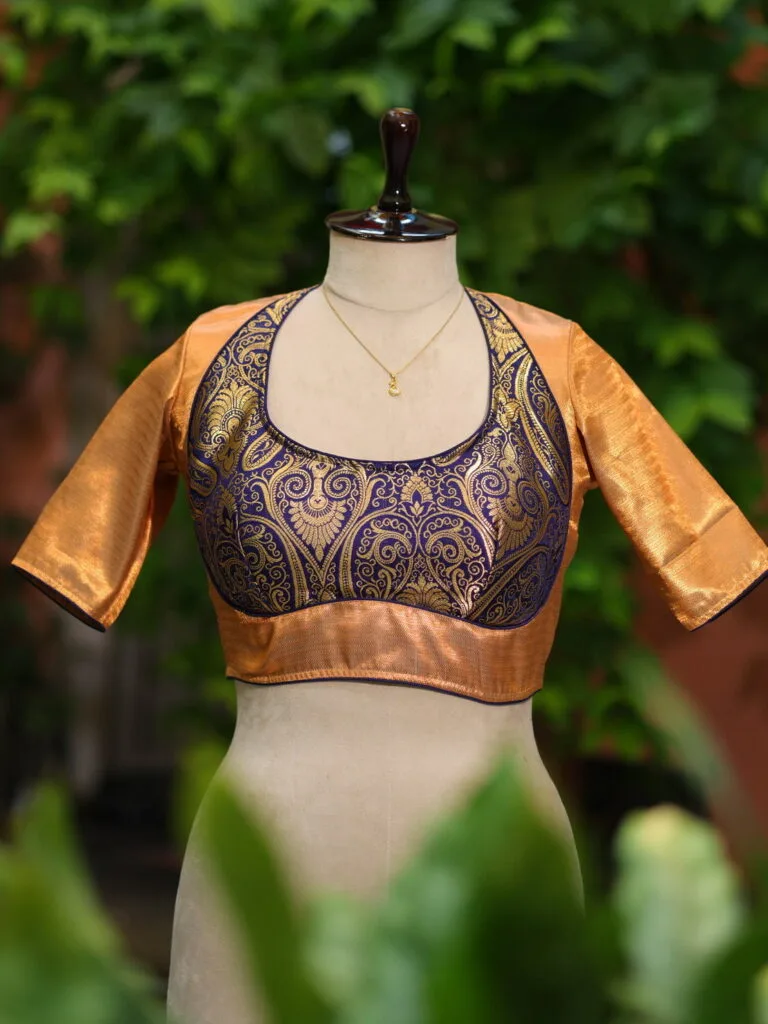 Raga Katan Mumtaz – Blouse in metallic mid night blue, front view | Tilattama