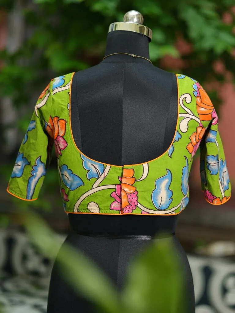 Sweetheart Pen Kalamkari – Blouse in Green, back view | Tilattama