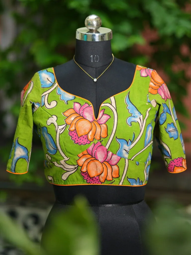 Sweetheart Pen Kalamkari – Blouse in Green, front view | Tilattama