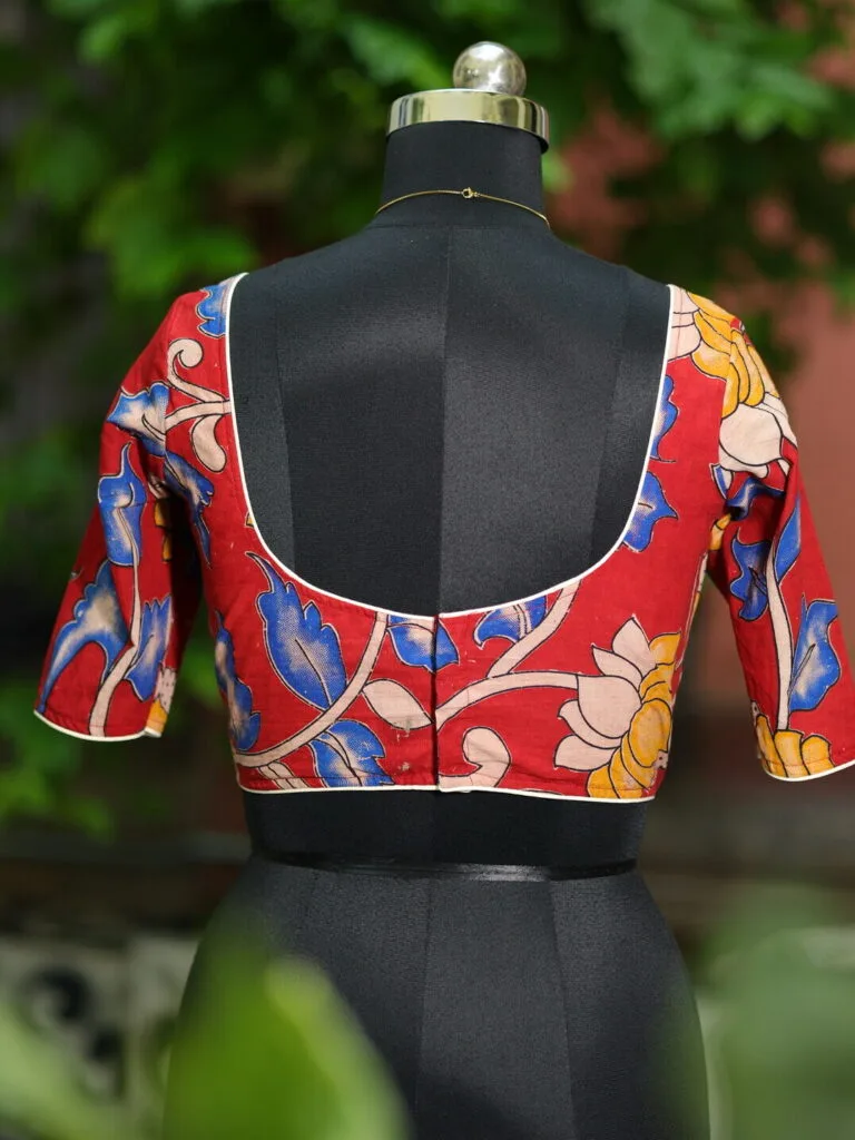 Sweetheart Pen Kalamkari – Blouse in Red, back view | Tilattama