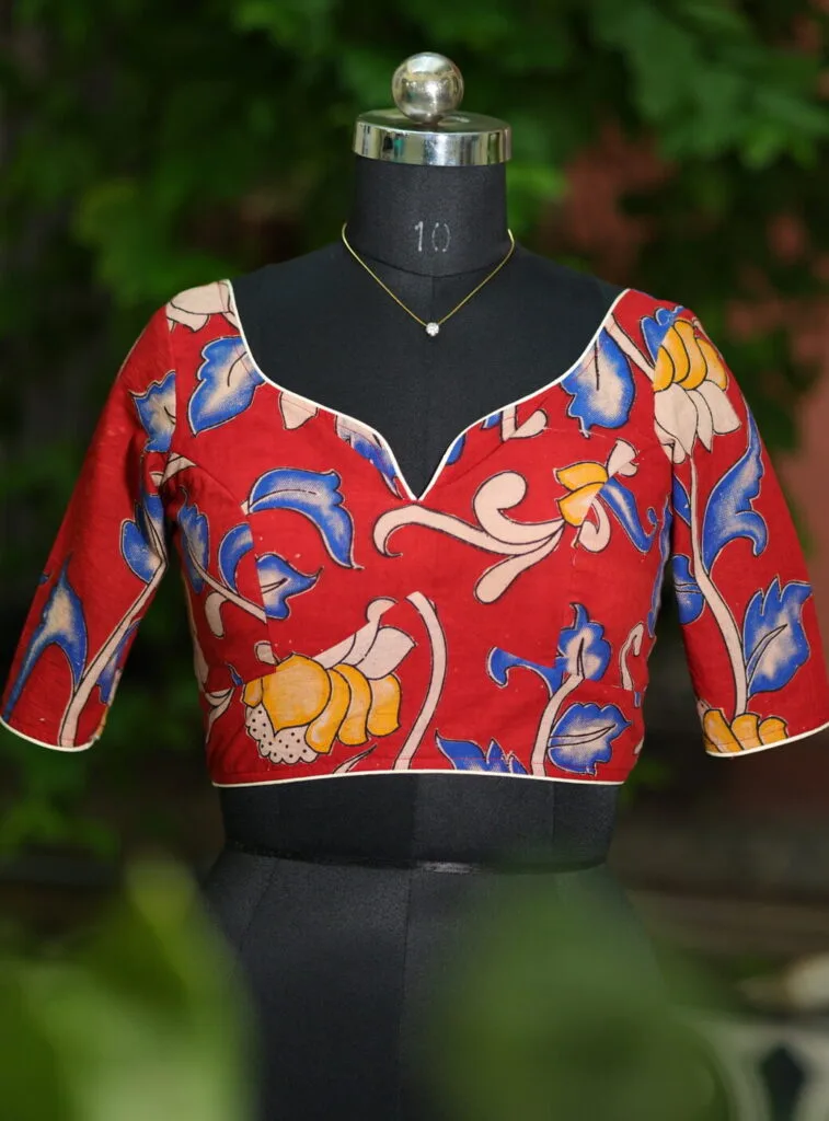 Saby Pen Kalamkari – Blouse in Red, front view | Tilattama