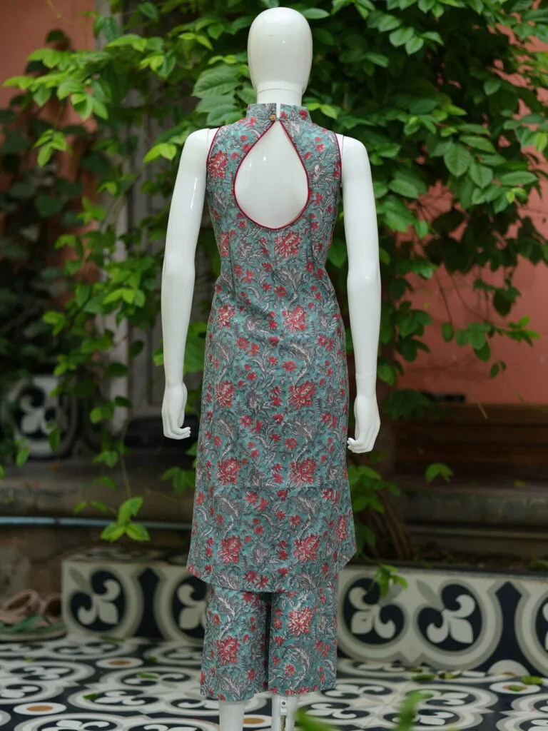 Sanganari Halter Co Ord Set – Kurti in Mint Green, back view | Tilattama