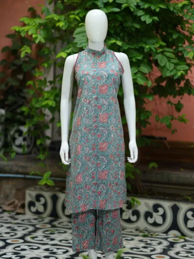 Sanganari Halter Co Ord Set – Kurti in Mint Green, front view | Tilattama