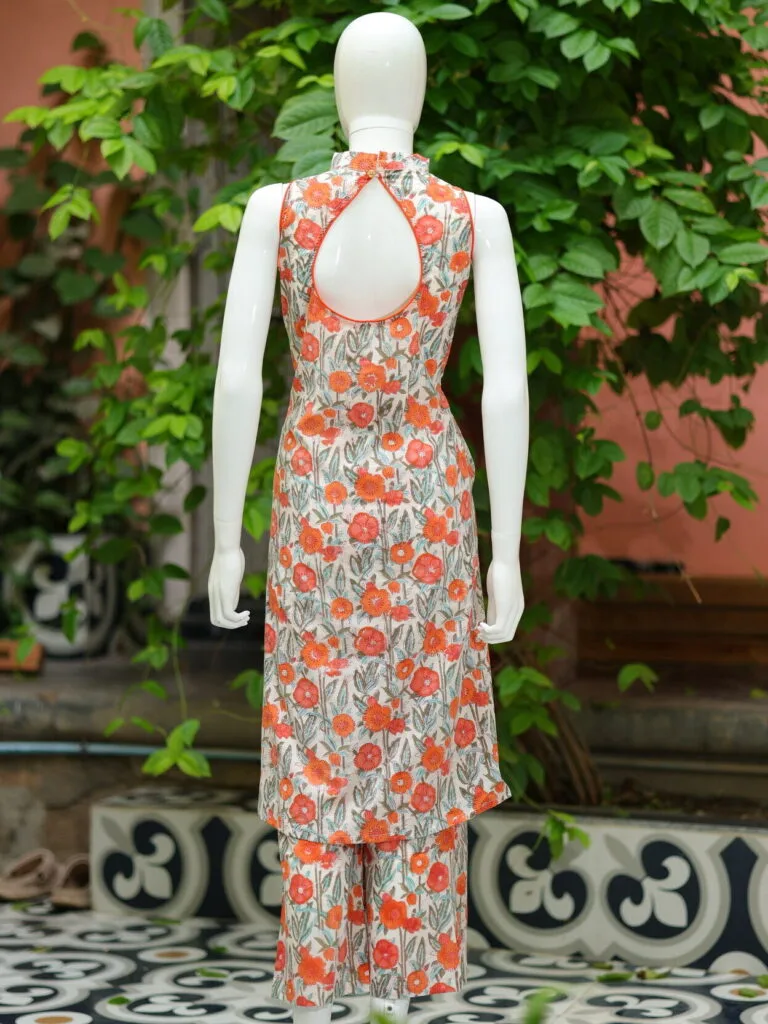 Sanganari Halter Co Ord Set – Kurti in Orange, back view | Tilattama