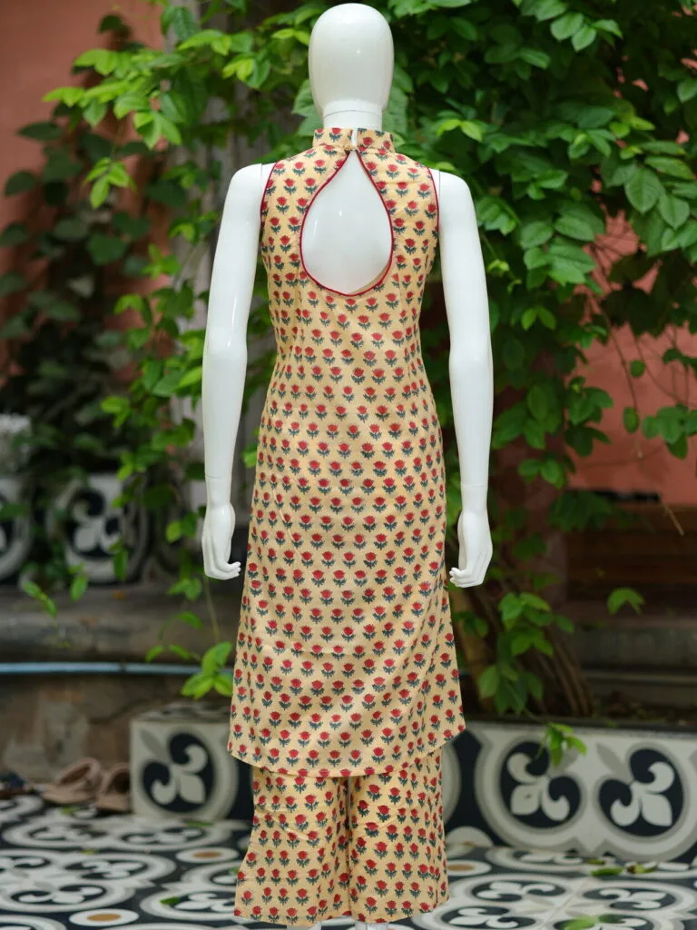 Sanganari Halter Co Ord Set – Kurti in Pale yellow, back view | Tilattama