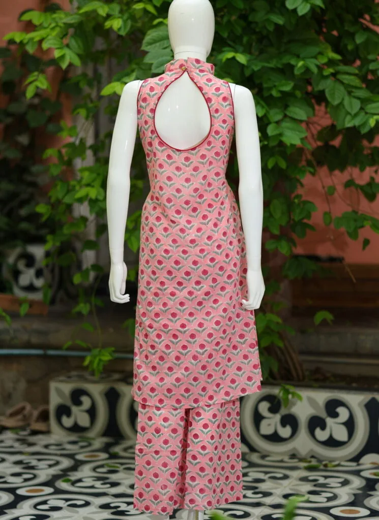 Sanganari Halter Co Ord Set – Kurti in Peach, back view | Tilattama