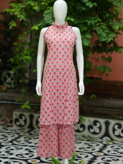 Sanganari Halter Co Ord Set – Kurti in Peach, front view | Tilattama
