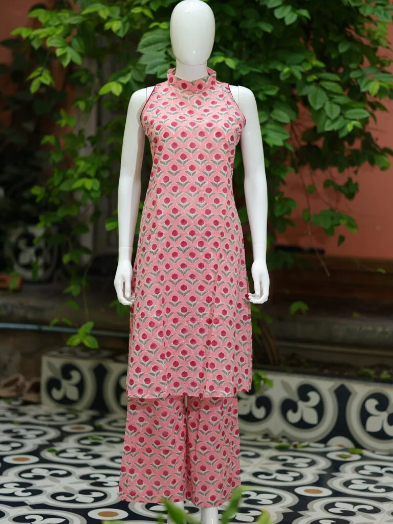 Sanganari Halter Co Ord Set – Kurti in Peach, front view | Tilattama