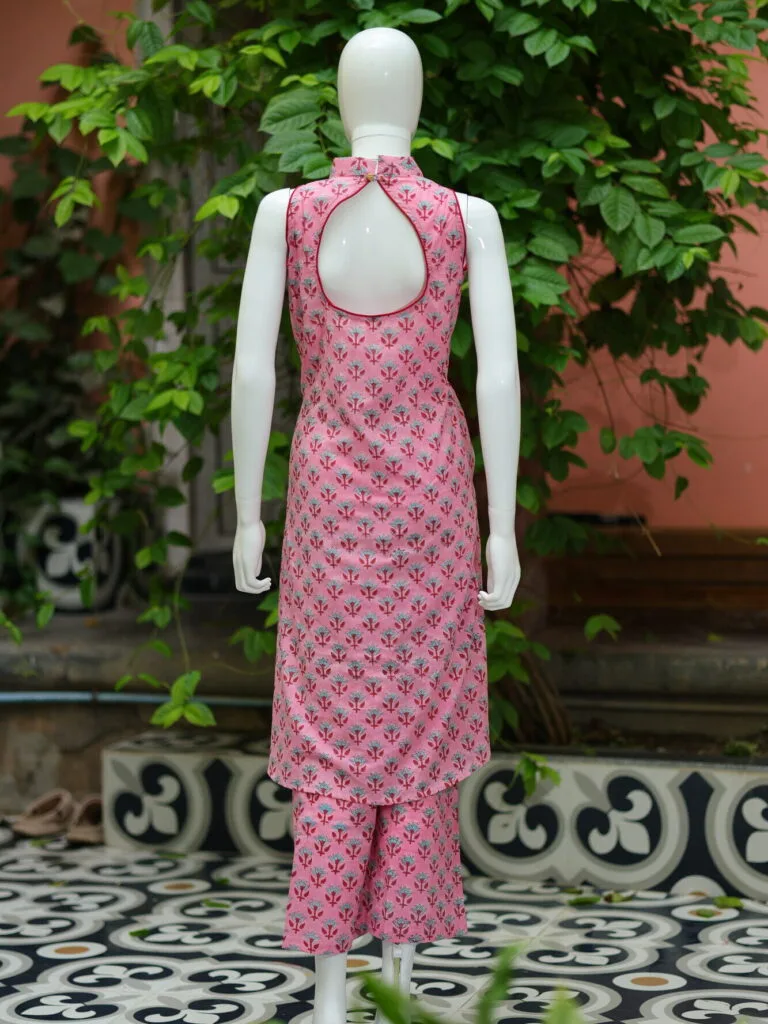 Sanganari Halter Co Ord Set – Kurti in Pink, back view | Tilattama