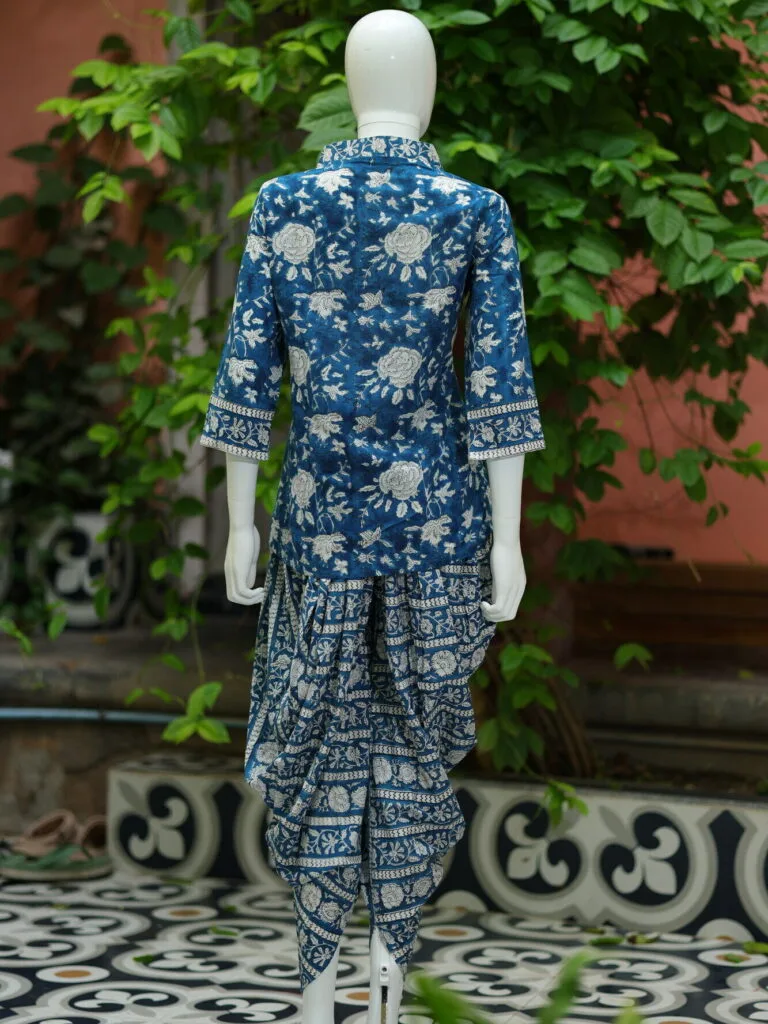 Sangeneri Dhoti co-ord Set – Kurti in Blue, back view | Tilattama