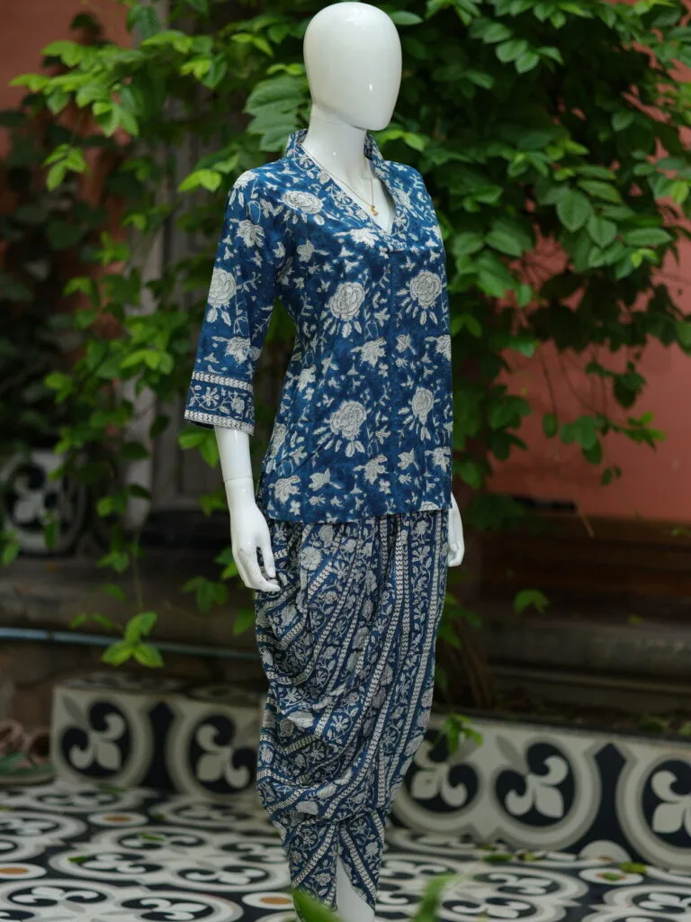 Sangeneri Dhoti co-ord Set – Kurti in Blue, side view | Tilattama