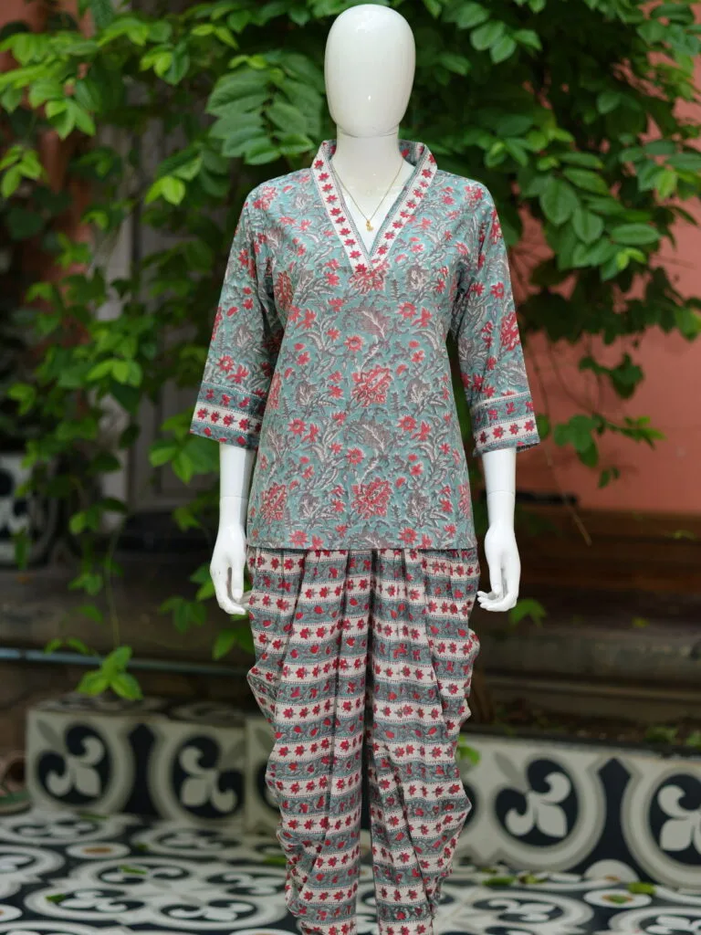 Sangeneri Dhoti co-ord Set – Kurti in Mint Green, front view | Tilattama