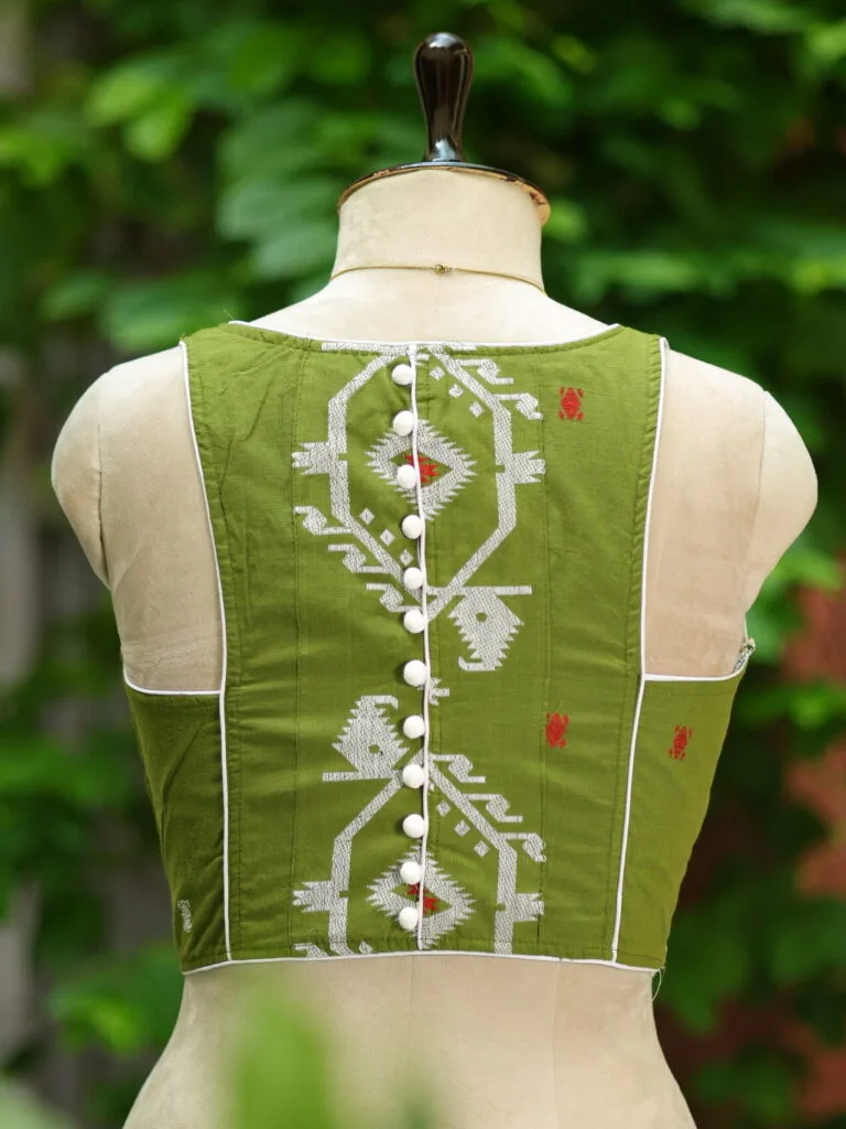 Tilattama Jamdani Rozer – Blouse in parrot green, back view | Tilattama