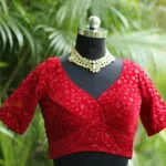 Velvet Saby Sequence G/S – Blouse in Red, front view | Tilattama