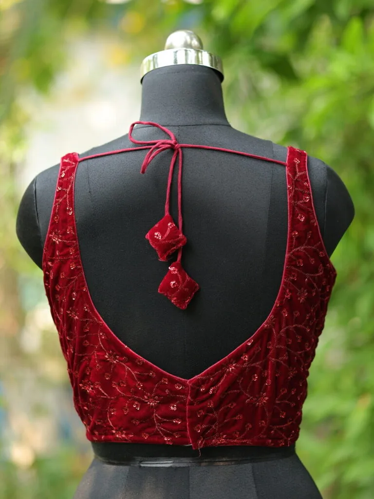 Velvet Saby Sequence S/L – Blouse in Maroon, back view | Tilattama