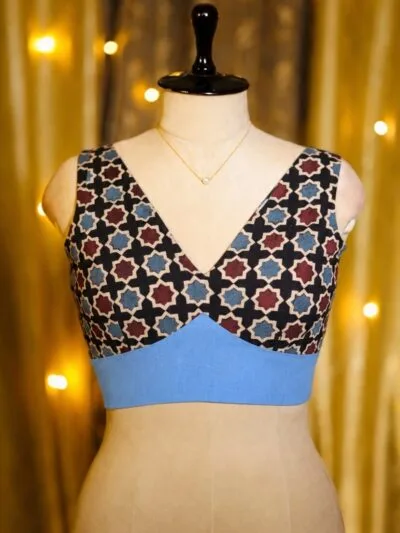 Ajrakh Celebrity Border – Blouse in Black, front view | Tilattama