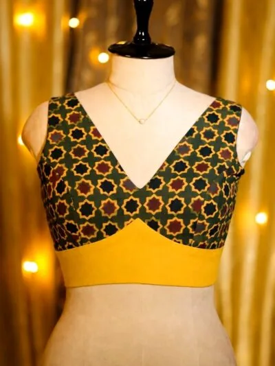 Ajrakh Celebrity Border – Blouse in Green, front view | Tilattama