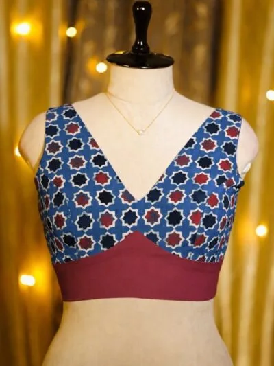 Ajrakh Celebrity Border – Blouse in Indigo, front view | Tilattama