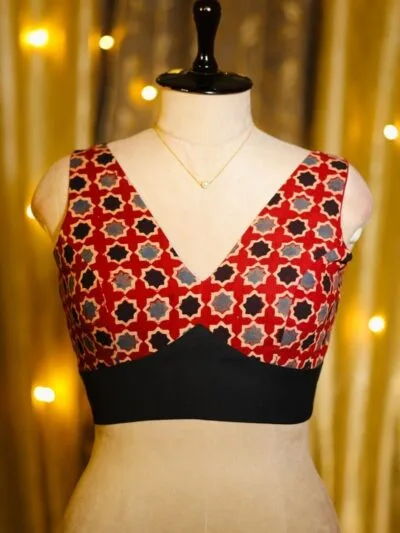 Ajrakh Celebrity Border – Blouse in Maroon, front view | Tilattama