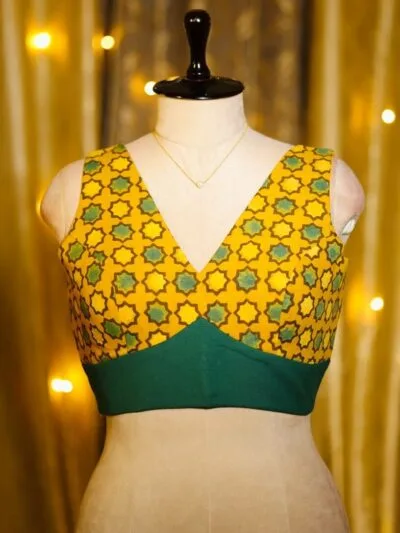 Ajrakh Celebrity Border – Blouse in Mustard, front view | Tilattama
