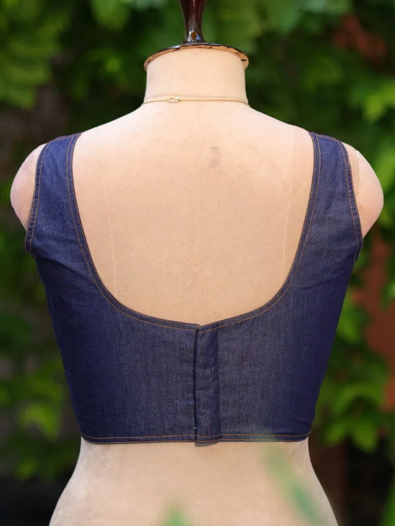Denim Sabyasachi cut – Blouse in dark blue, back view | Tilattama