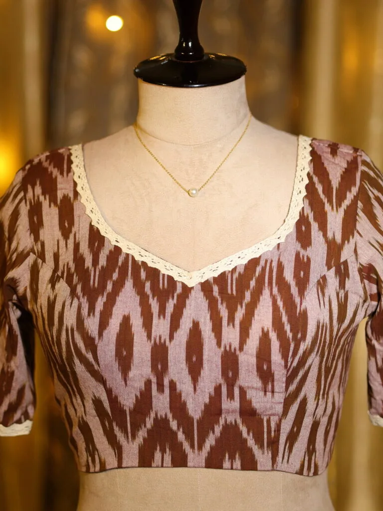 Ikkat Round Neck – Blouse in Brown 44, neckline | Tilattama