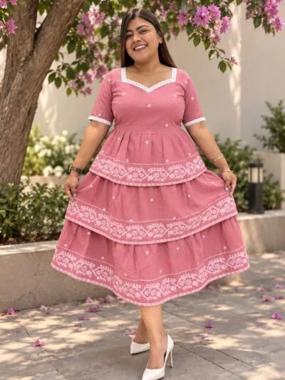 Jamdani Agomoni – Kurti in Baby pink, front view | Tilattama