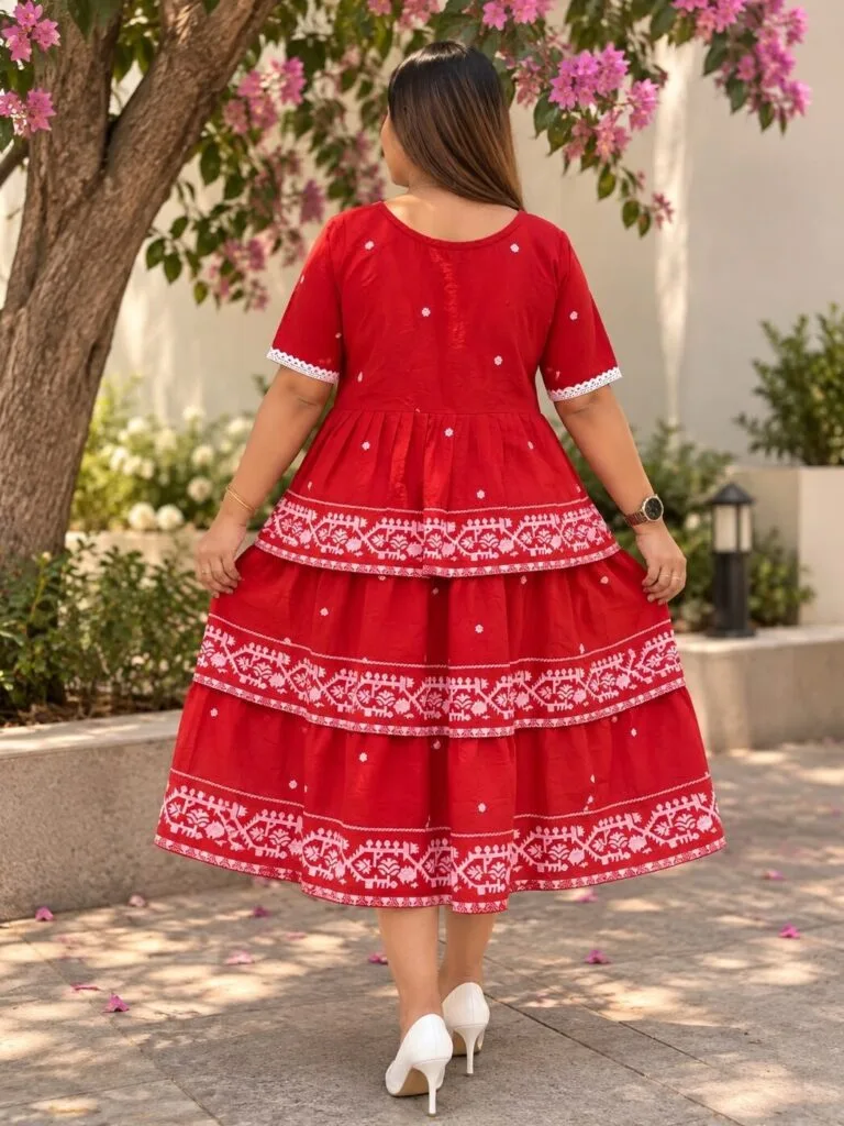 Jamdani Agomoni – Kurti in Red, back view | Tilattama