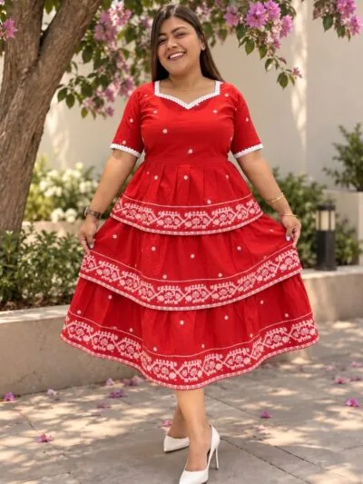 Jamdani Agomoni – Kurti in Red, front view | Tilattama