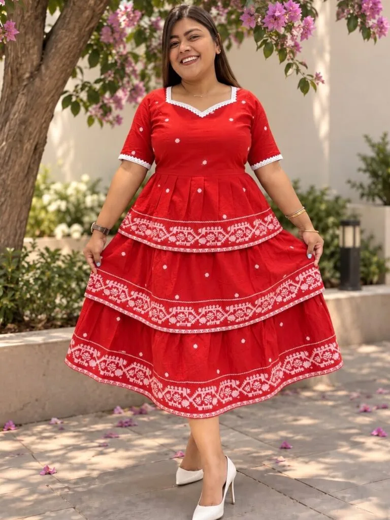 Jamdani Agomoni – Kurti in Red, front view | Tilattama