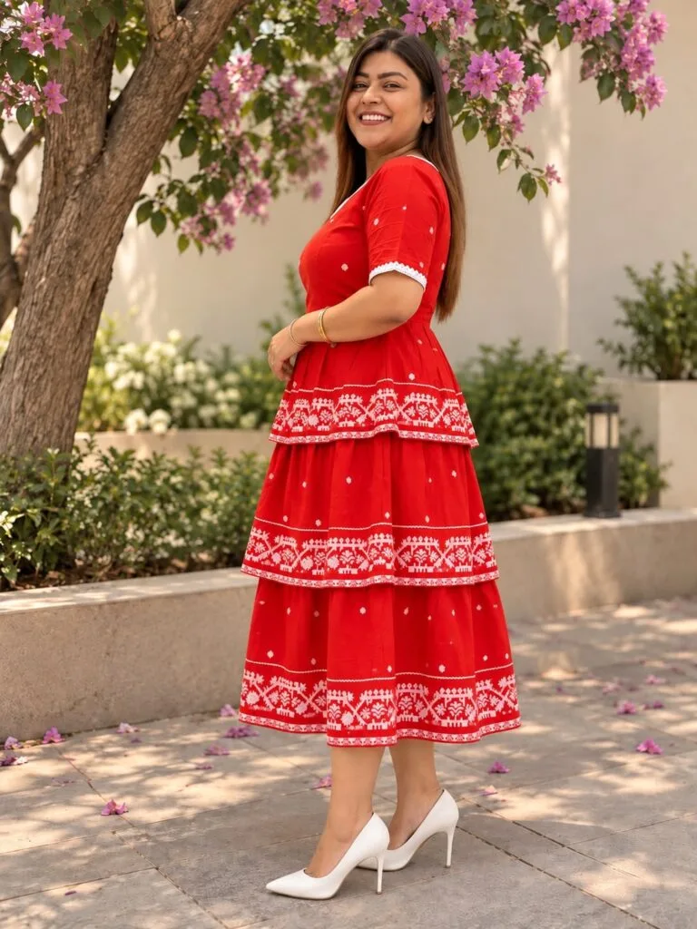 Jamdani Agomoni – Kurti in Red, side view | Tilattama