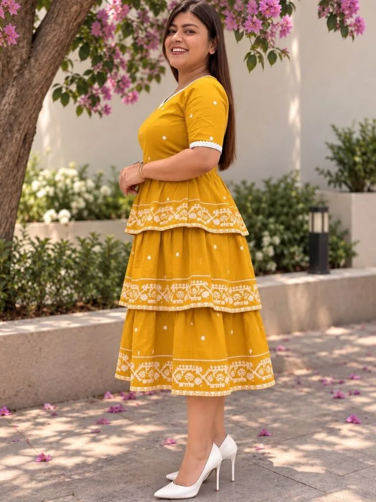 Jamdani Agomoni – Kurti in Yellow, side view | Tilattama