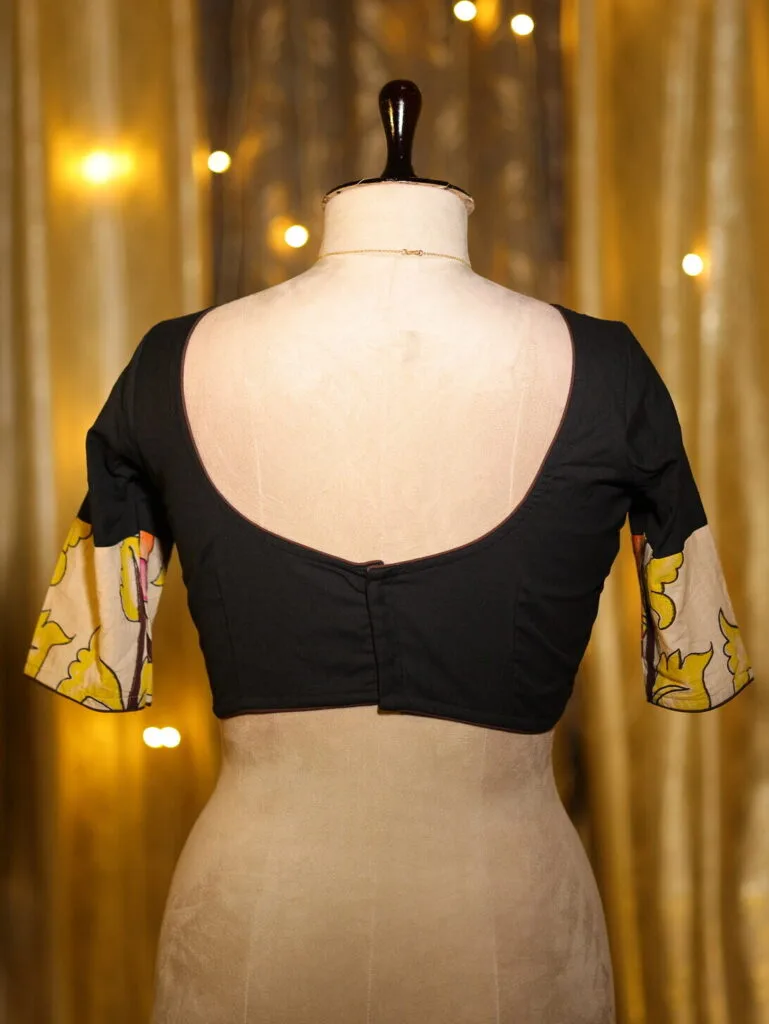 Kalamkari Cadence – Blouse in Black, back view | Tilattama