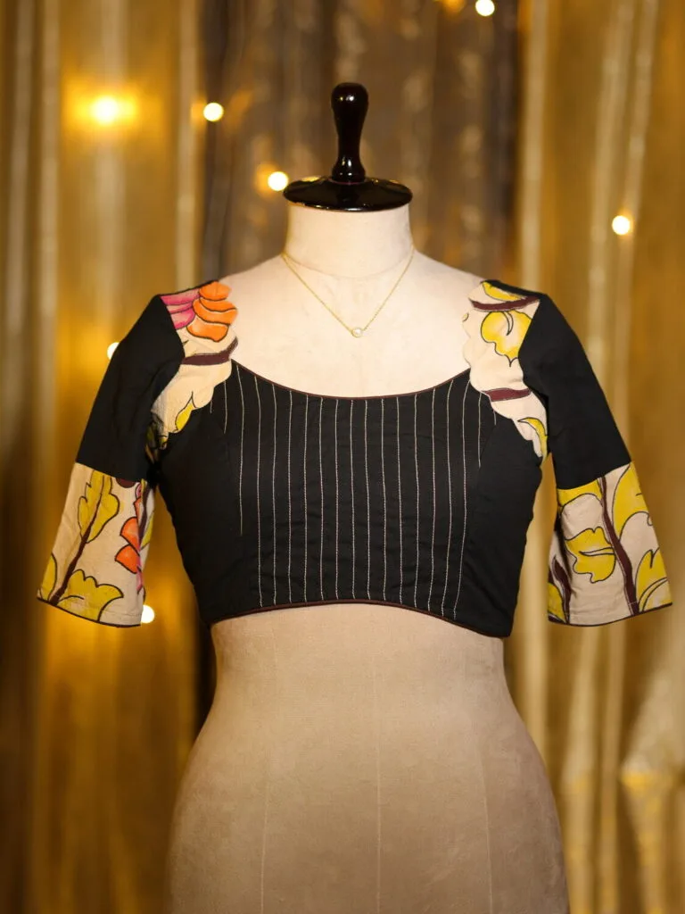 Kalamkari Cadence – Blouse in Black, front view | Tilattama