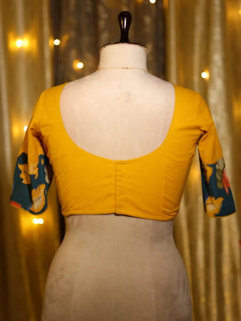 Kalamkari Cadence – Blouse in Mustard, back view | Tilattama