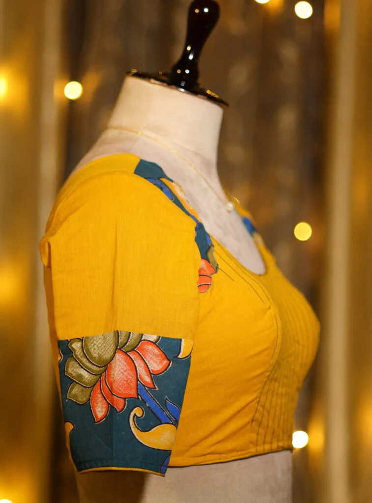 Kalamkari Cadence – Blouse in Mustard, side view | Tilattama