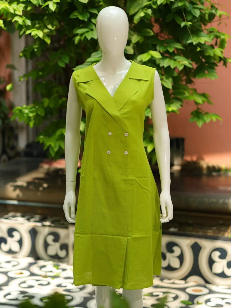 Khadi Blazer One Piece – Blouse in Neon green 38 Sleeveless, front view | Tilattama