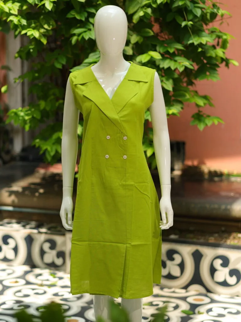 Khadi Blazer One Piece – Blouse in Neon green 44 Sleeveless, front view | Tilattama